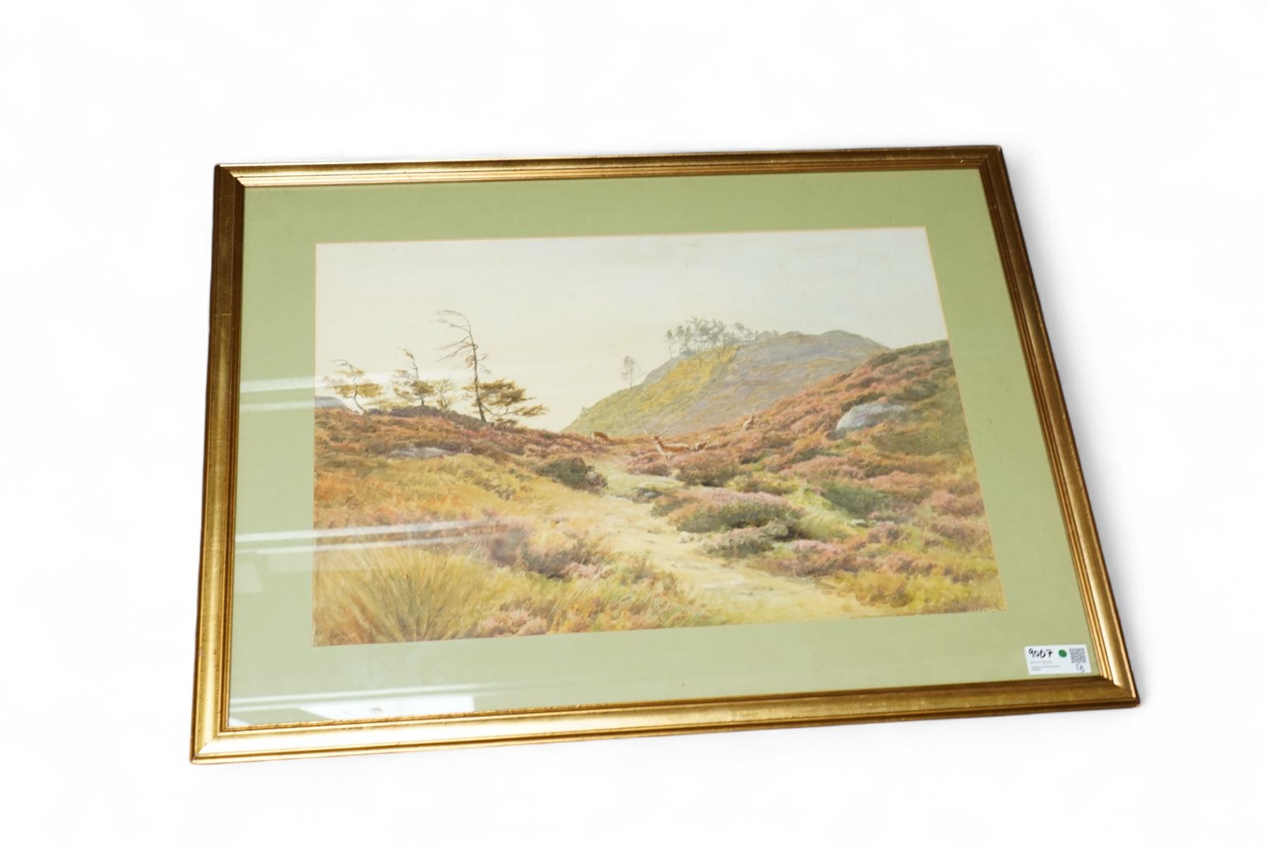 Collection of framed artworks (4), including Richard Redfern (British  1873-1913): Grazing stags in a mountainous landscape, watercolour 