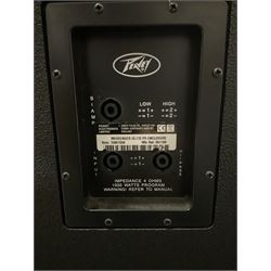 Peavey XR-696F 1200W Amplifier, serial no.K0241228, L47cm; with two Peavey UL bass bins L56cm and two Peavey top speakers L45cm with connecting rods; all with covers; and quantity of heavy duty cables, two microphone cables and microphone stand