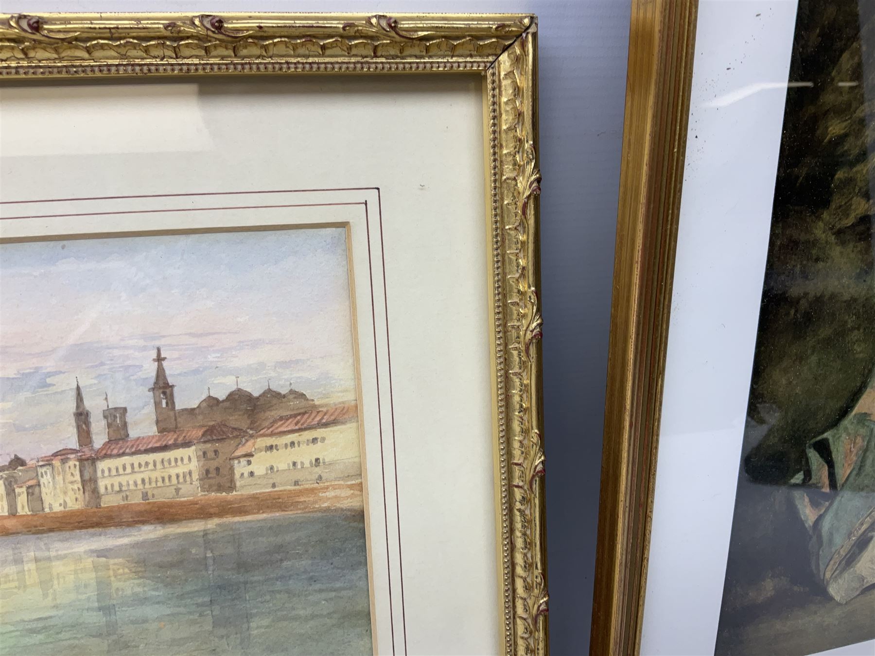 Italian school (20th century); Venetian Gondolier Scene, watercolor unsigned, together with colour print after Josepha Reynolds and black and white print of St.Hilda's Hartlepool (3)