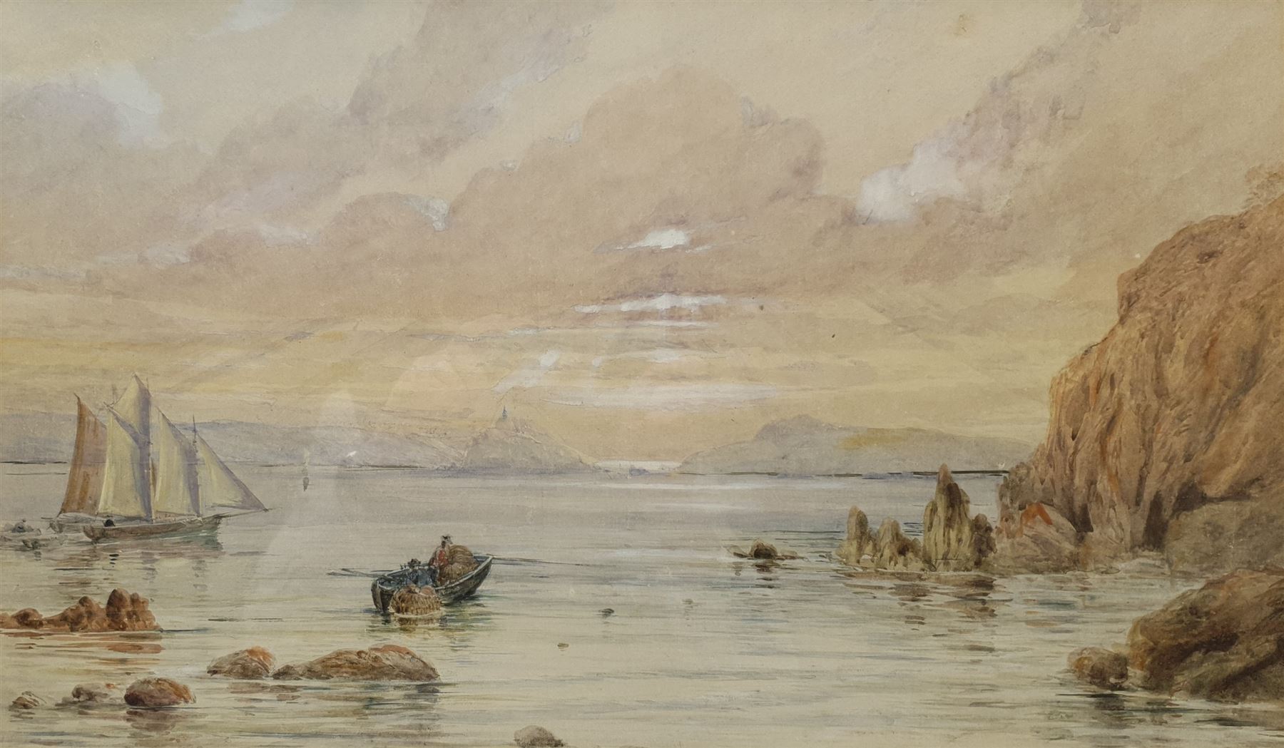 English School (Early 20th century): Fishing in a Rocky Cove, watercolour unsigned 31cm x 53cm