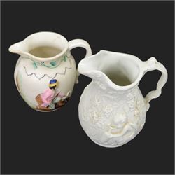 19th century and later ceramic jugs, including small Royal Crown Derby example, painted with florals and gilt leaves, Adams Jasperware Hull jug with town crest, floral KPM example and a Georgian example inscribed Joshua Longfield 1921, etc, tallest H12cm