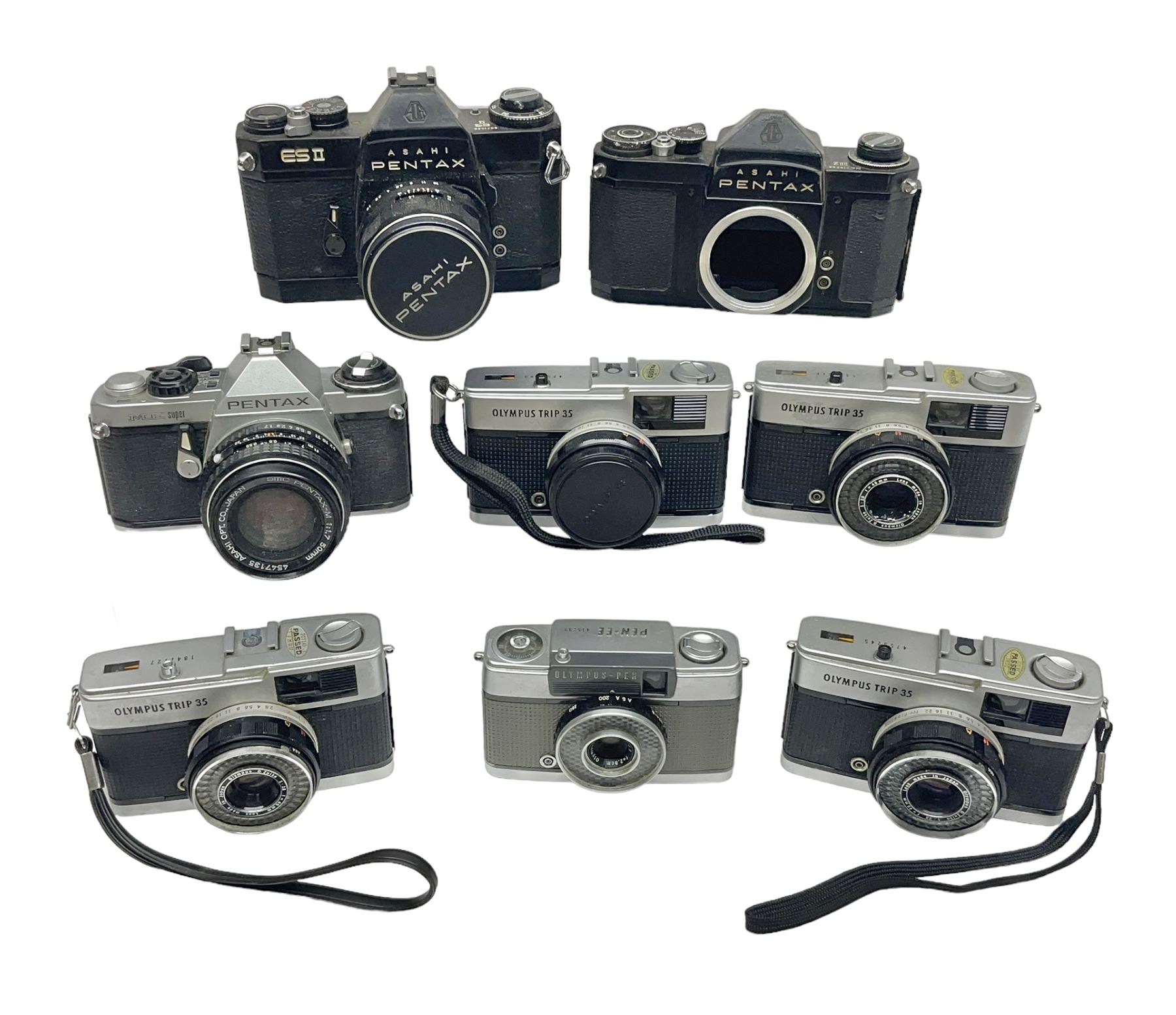Olympus Pen-EE camera, serial no 415299, with Olympus D.Zuiko 1:3.5 f=2.8cm lens, together with four Olympus Trip 35 cameras, serial nos 4759245, 4257589, 1847727 and 5387611, each with Olympus D. Zuiko 1:28 f=40mm lenses