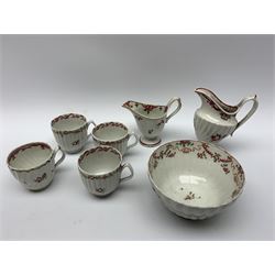 Late 18th century New Hall teawares, decorated in the Pink Ribbon pattern, comprising five coffee cups, five tea bowls, and five saucers, together with a collection of other New Hall teawares, including slop bowl, tea bowl, and three saucers, decorated in the Knitting pattern, two 241 pattern tea bowls, and other 18th century examples painted in the New Hall style with floral sprigs and sprays