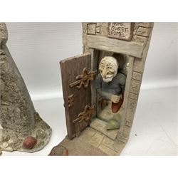 Seven Terry Pratchett Discworld figures by Clarecraft, to include The Luggage DW04M Smugli D990, pair of Home Sweet Home bookends, wall hanging modelled as a dragon upon stone plinth etc, tallest H19cm