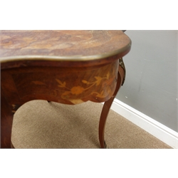  19th/20th century Kingwood side table, shaped top inlaid with scrolls and foliage, single frieze drawer, cabriole supports, gilt metal mounts, W101cm, H75cm, D60cm  