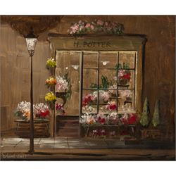 Deborah Jones (British 1921-2012): Flower Shop at Dusk, oil on board signed 25cm x 30.5cm