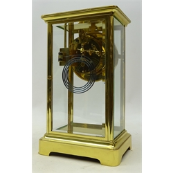  Victorian brass four glass mantel clock, with bevelled plates, circular cream Arabic dial with visible Brocot escapement, twin train movement stamped A.1. Vincent, 7454 57 striking the half hours on a gong, mercury compensating pendulum, H30cm, W18cm, D14cm  