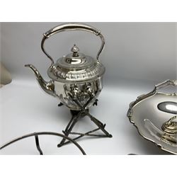 Collection of mostly silver plate, to include tea kettle, naturalistically modelled stand, part fluted teapot, two sauce boats, various cased and loose flatware, including set of fish eaters, ivory handled examples, set of six cased napkin rings, etc.