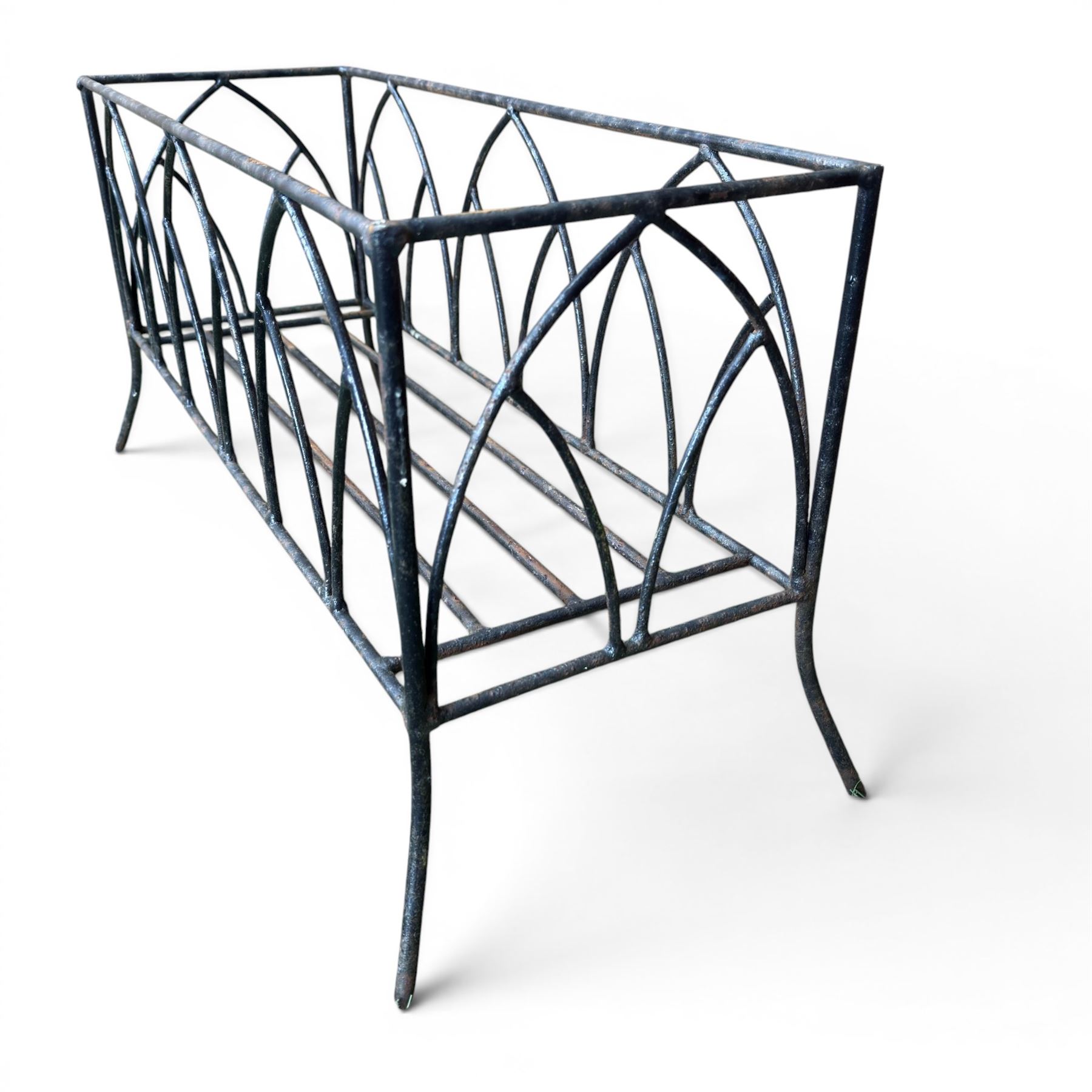Wrought iron rectangular garden planter, gothic arch detail