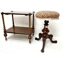 Victorian revolving piano stool, turned support on three shaped feet (D35cm) and walnut 2-tier what-not (2)