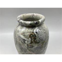 White marble vase, of baluster form, with grey, gold and green undertones, H30cm