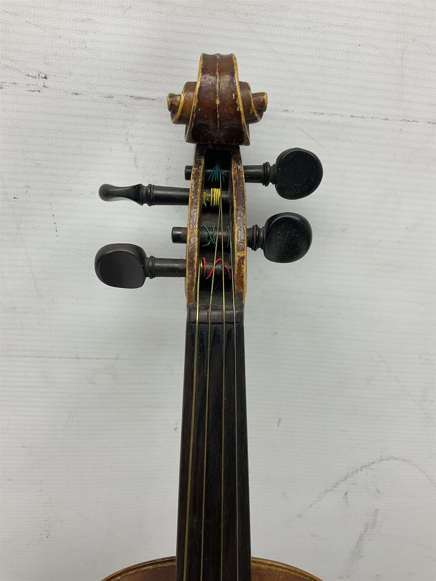 Two three-quarter size violins - German Saxony with 34cm one-piece maple back and ribs and spruce top; L56cm overall; and Hungarian with 34cm two-piece maple back and ribs and spruce top; L56cm overall; each in carrying case with bow (2)