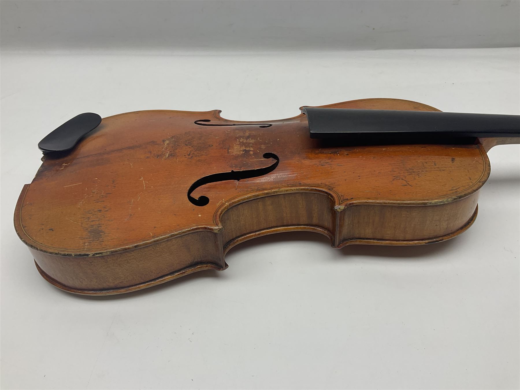 German violin c1900 for re-assembly with 36cm two-piece maple back and ribs and spruce top; L59cm; in ebonised wooden 'coffin' case with two bows