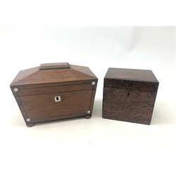  19th century burr yew tea caddy, later converted into a jewellery box, H12cm and a Victorian rosewood tea caddy of sarcophagus form (2)  