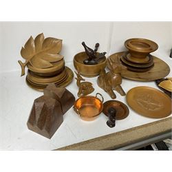 Collection of carved wooden items, to include dishes, chargers, bookends etc 