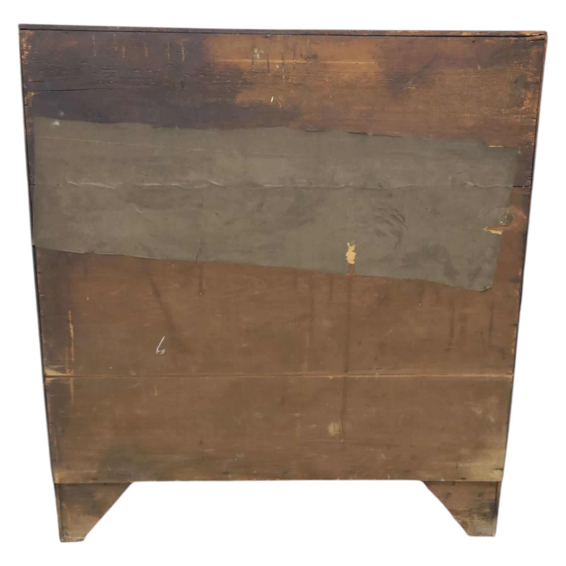 Early 19th century mahogany chest, straight front with canted corners, featuring inlaid detail above two short and three long drawers with flame veneered facias