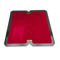 Late Victorian figured walnut and amboyna card-table, rectangular fold over top with baize lining, on turned supports joined by x framed balustrade stretchers