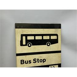 Three large United bus timetable signs, with vacant chalkboard panels to detail bus times and fares, with gilt lettering, mounted in metal frames, together with another smaller black and white double sided United bus stop sign, largest H92cm W61cm