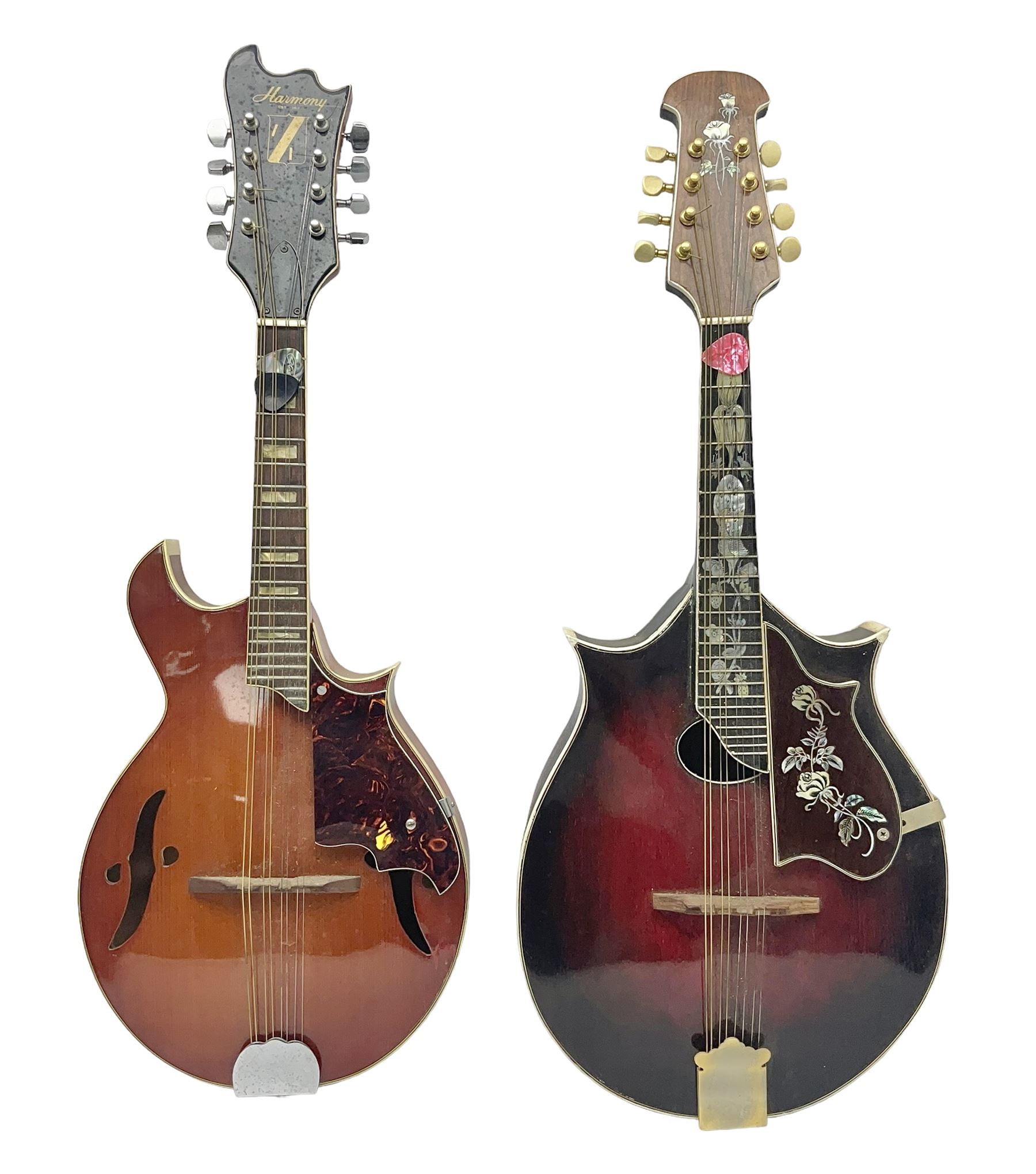 Eastern eight-string mandolin with sunburst finish and mother-of-pearl inlay L68.5cm; and another Harmony mandolin with cracked headstock (2)