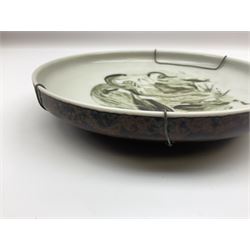 Copenhagen stoneware bowl centrally painted with a Heron amidst grasses, initialled R beneath, D20cm
