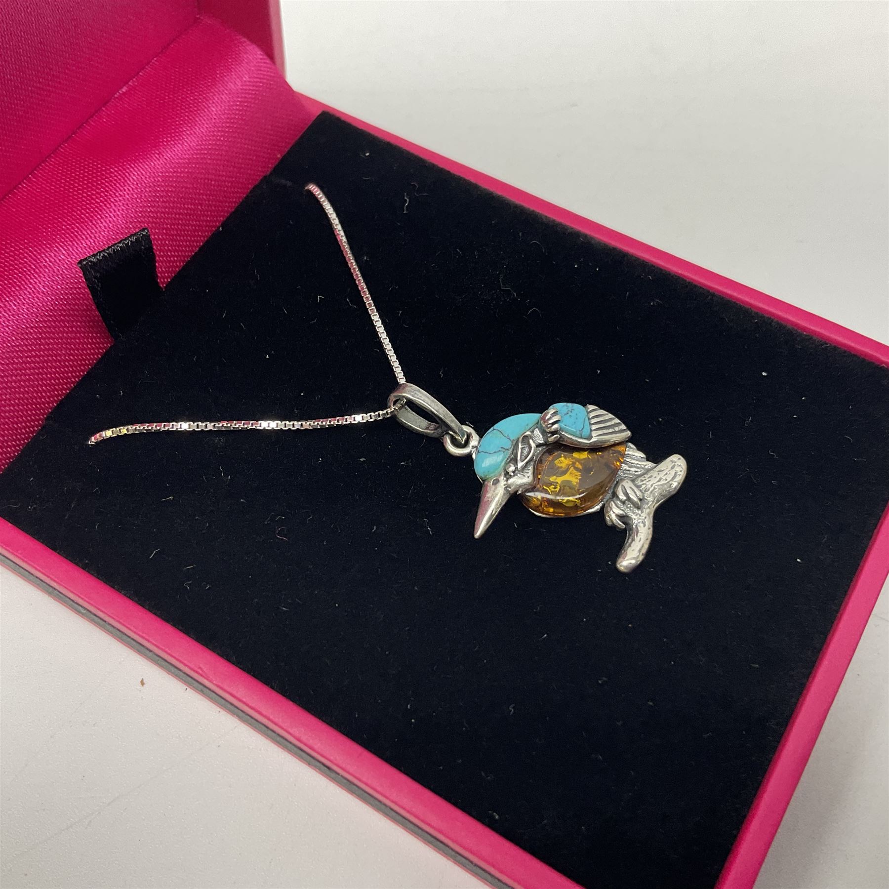 Silver Baltic amber and turquoise kingfisher pendant necklace, stamped 925 