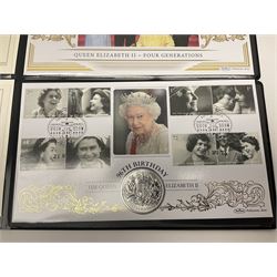 Four one ounce fine silver coin covers, comprising 2020 'Queen Elizabeth II Four Generations', 2020 'HM The Queen's 90th Birthday Four Generations', 2022 'Rule Britannia' and 2022 'Queen Elizabeth II's 96th Birthday' all in Harrington and Byrne folders