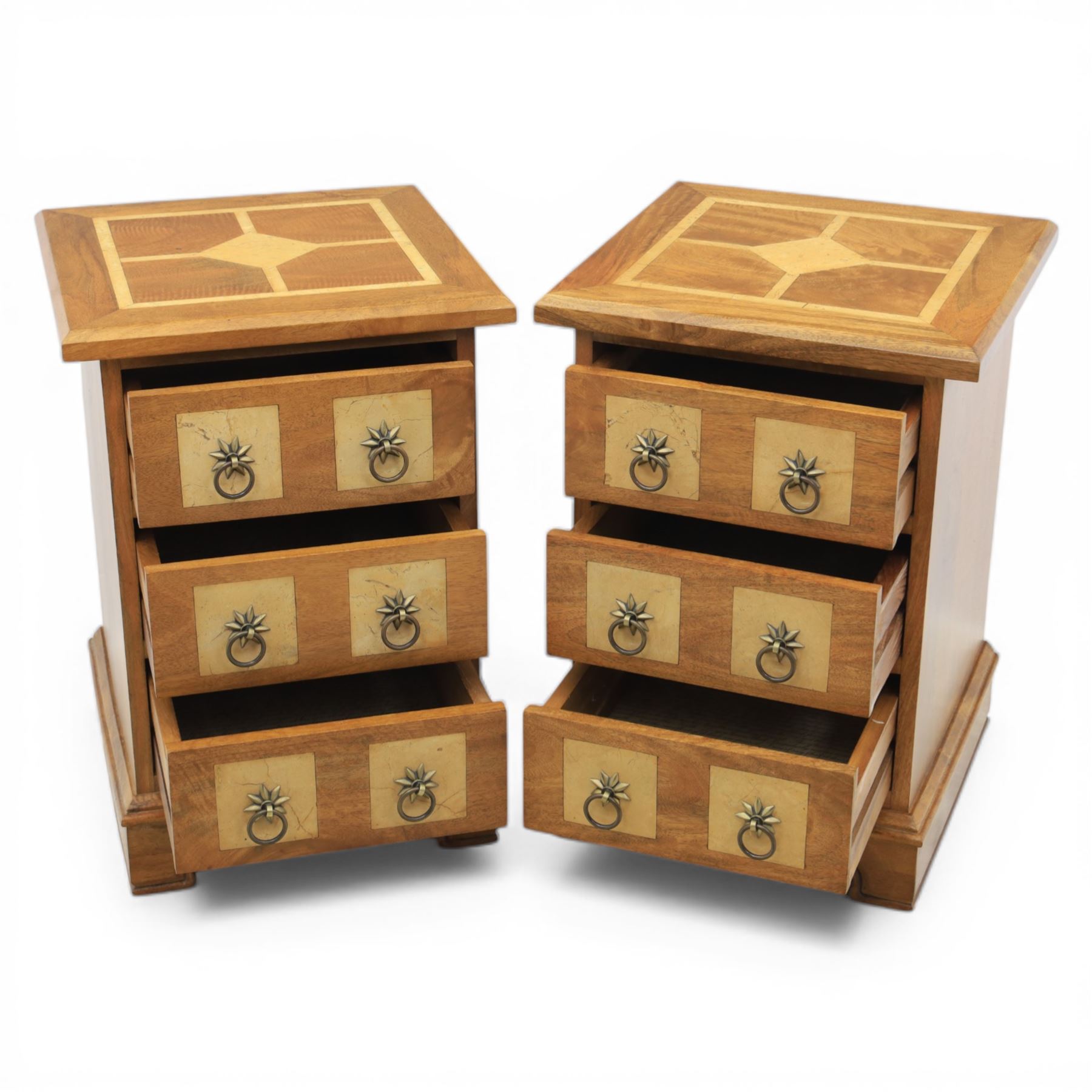 Barker & Stonehouse - 'Flagstone' pair of bedside chest, square top made of solid mango wood with stone travertine inserts, above three drawers applied with stone and metal ring pulls with star detail, raised on a shaped bracket base