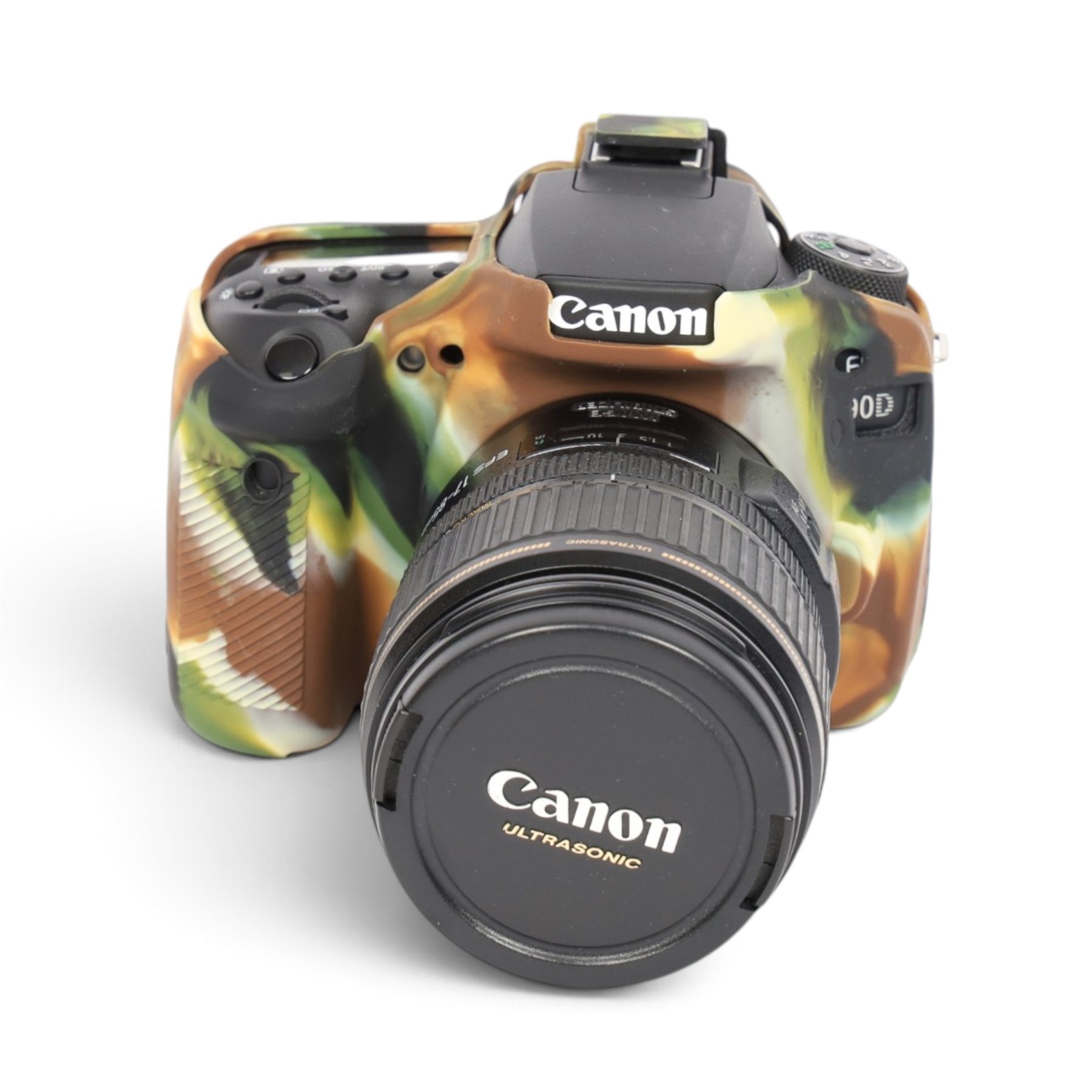 Canon EOS 90D DSLR camera body serial no. 064051002694, in a silicon camouflage case, with a Canon EF-S 17-85mm 1:4-5.6 Image Stabilising Ultrasonic zoom lens serial no. 4512926109, Canon Extender EF 1.4 x III and other accessories including Lowepro carry case, Visionary clamp, Canon Speedlite 430 EXII, Ultimaxx Grip Stabiliser, Newell Dual Battery Charger, Very100 sight, Olympus OM-D EE-1 dot sight, various filters, etc