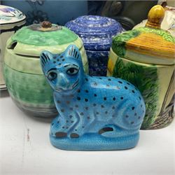 Pair of blue Staffordshire style dogs, together with a smaller brown pair, fish vase, oriental style ginger jar and four preserve jars including a Shelley example