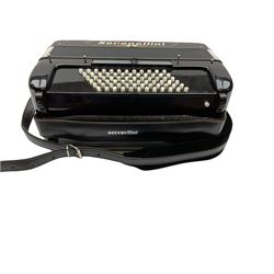 Italian Serenellini bass piano accordion in black and silver with jewelled decoration, twenty pearline keys and seventy-two buttons L41cm; in black simulated reptile skin case with original price ticket from Birmingham Accordion centre for £3200
