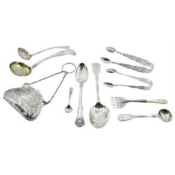 Group of silver, comprising George IV Fiddle pattern dessert spoon, hallmarked London 1828, makers mark worn and indistinct, Victorian Kings Husk pattern teaspoon, hallmarked William Eaton, London 1840, early 20th century Kings pattern sifting spoon, hallmarked William Hutton & Sons Ltd, London 1911, George III sifting spoon, hallmarks worn, probably 1786, pair of Edwardian sugar tongs with pierced scrolling sides, hallmarked C W Fletcher & Son Ltd, Sheffield 1905, further pair of Edwardian sugar tongs, Victorian Fiddle pattern salt spoon, Edwardian Albany pattern salt spoon, late Victorian mother of pearl handled sardine fork with silver prongs, and an early 20th century silver purse, with fitted interior, approximate weighable silver 7.20 ozt (224 grams)