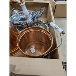 Quantity of metalware, including copper jug and bucket with ceramic handles, silver plated tea wares, souvenir spoons, etc