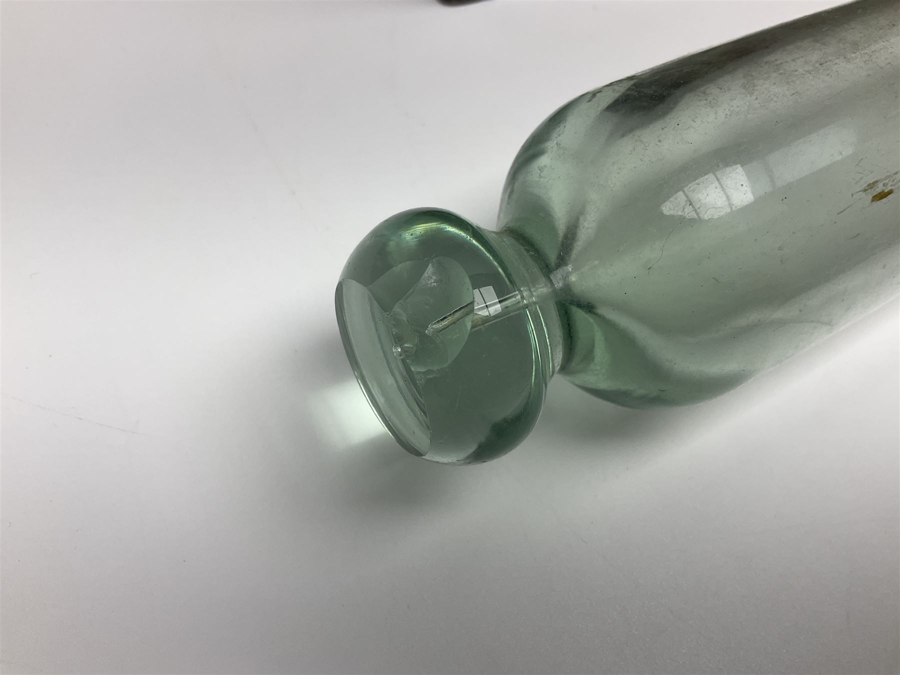 Victorian glass rolling pin, black basalt teapot, mother of pearl box with foliate engraving and sliding lid, and a wooden writing slope, with purple velvet interior, writing slope H14cm