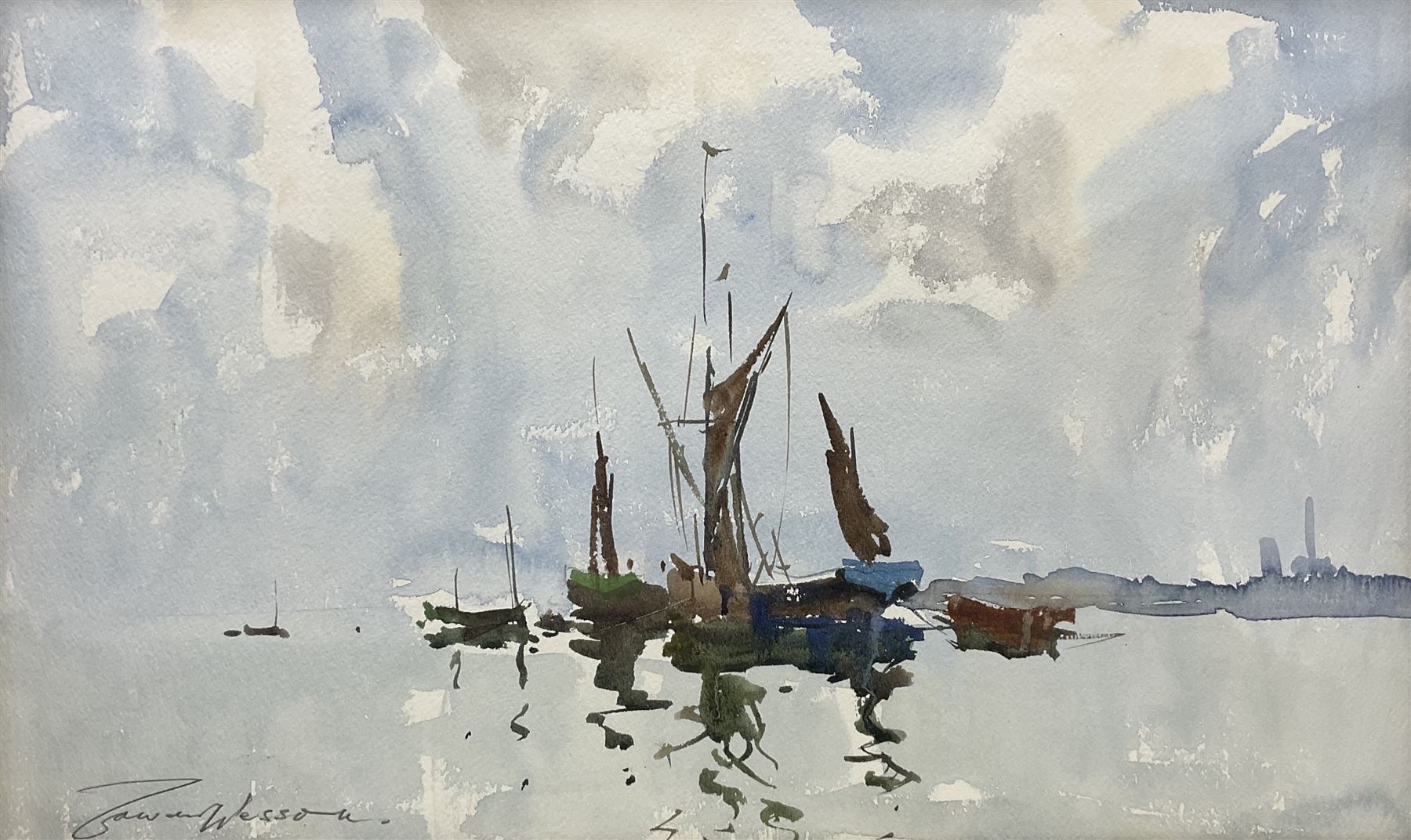 Edward Wesson (British 1910-1983): Moored Barges, watercolour signed 30cm x 50cm