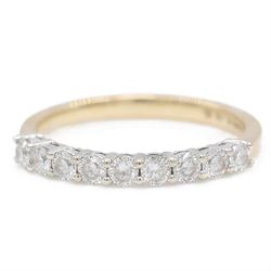 14ct gold diamond half eternity ring, set with nine blossom cut diamonds, stamped 14K, tot...