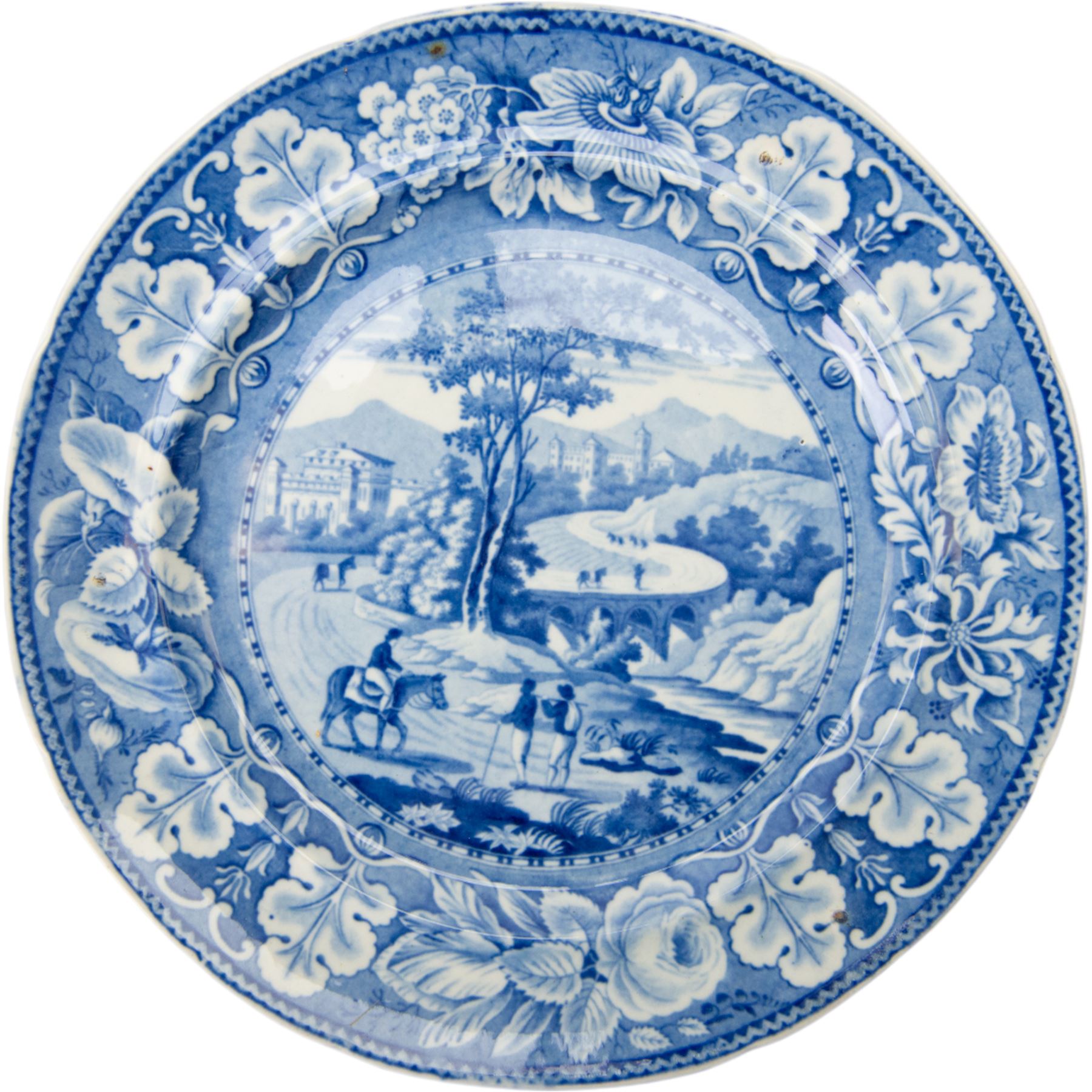 Eight 19th century transfer printed Italian Scenery pattern dinner plates, attributed to Leeds Pottery, with printed Italian Scenery mark beneath, D26cm