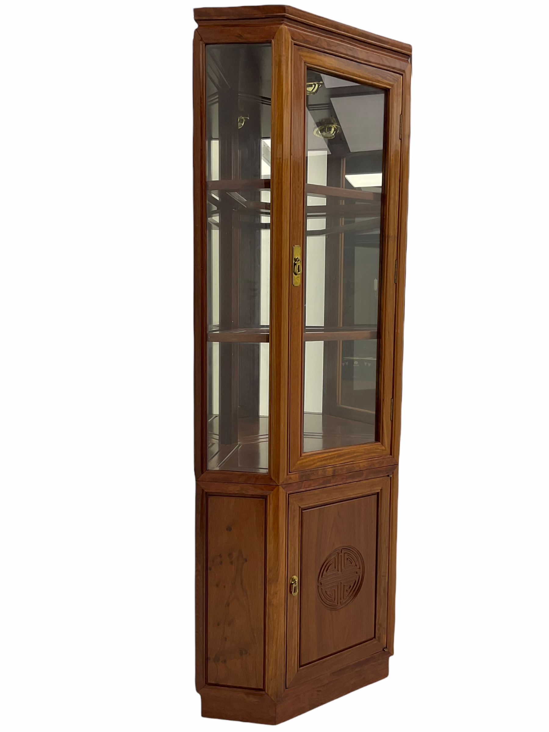 Chinese rosewood corner display cabinet, upper glazed illuminated cabinet above lower cupboard