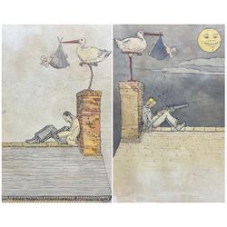 Ronald Fry (British Early 20th century): Storks Delivering Babies on Rooftop, pair cartoon pen and ink sketches signed and dated '36 max 25cm x 16cm (2)