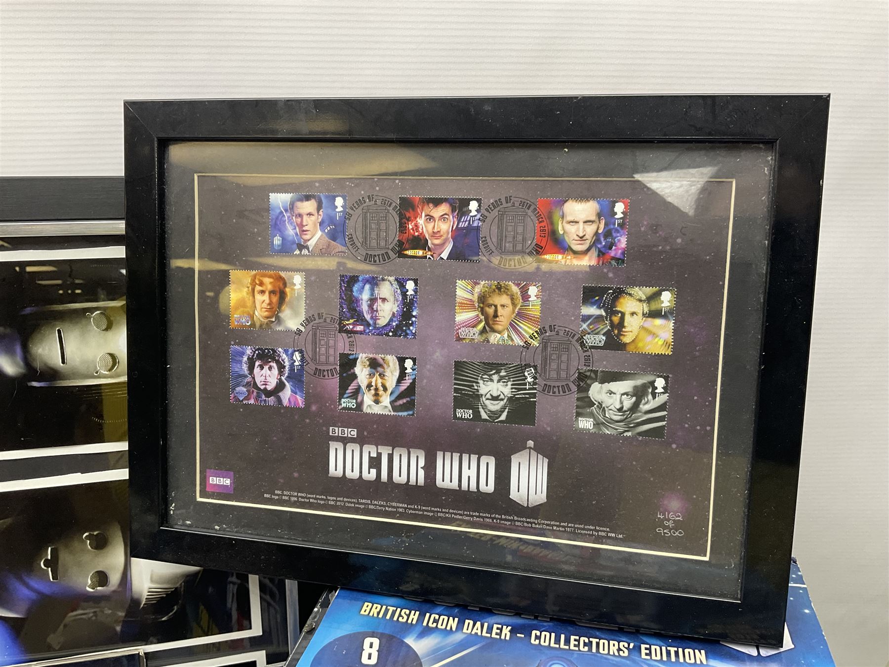 Doctor Who collectables to include ‘British Icon Dalek’ limited 50th anniversary edition in original box, collectors cookie jar, Dalek and Tardis related figures, sonic screwdrivers, small quantity of stamps, framed prints, books etc 