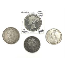 King George III 1920 crown, Queen Victoria 1845 and 1890 crown coins and a Queen Victoria 1889 double florin (4)