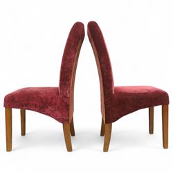 Willis & Gambier - mahogany extending dining table, rectangular top with rounded corners on cabriole legs, with two 35cm extension leaves, four Willis & Gambier upholstered high back chairs and four mahogany chairs, upholstered in a stripped multi-coloured velvet fabric, with scroll-shaped top rail, lyre-shaped back splat on cabriole legs, chairs W46xD91x97cm (11) 