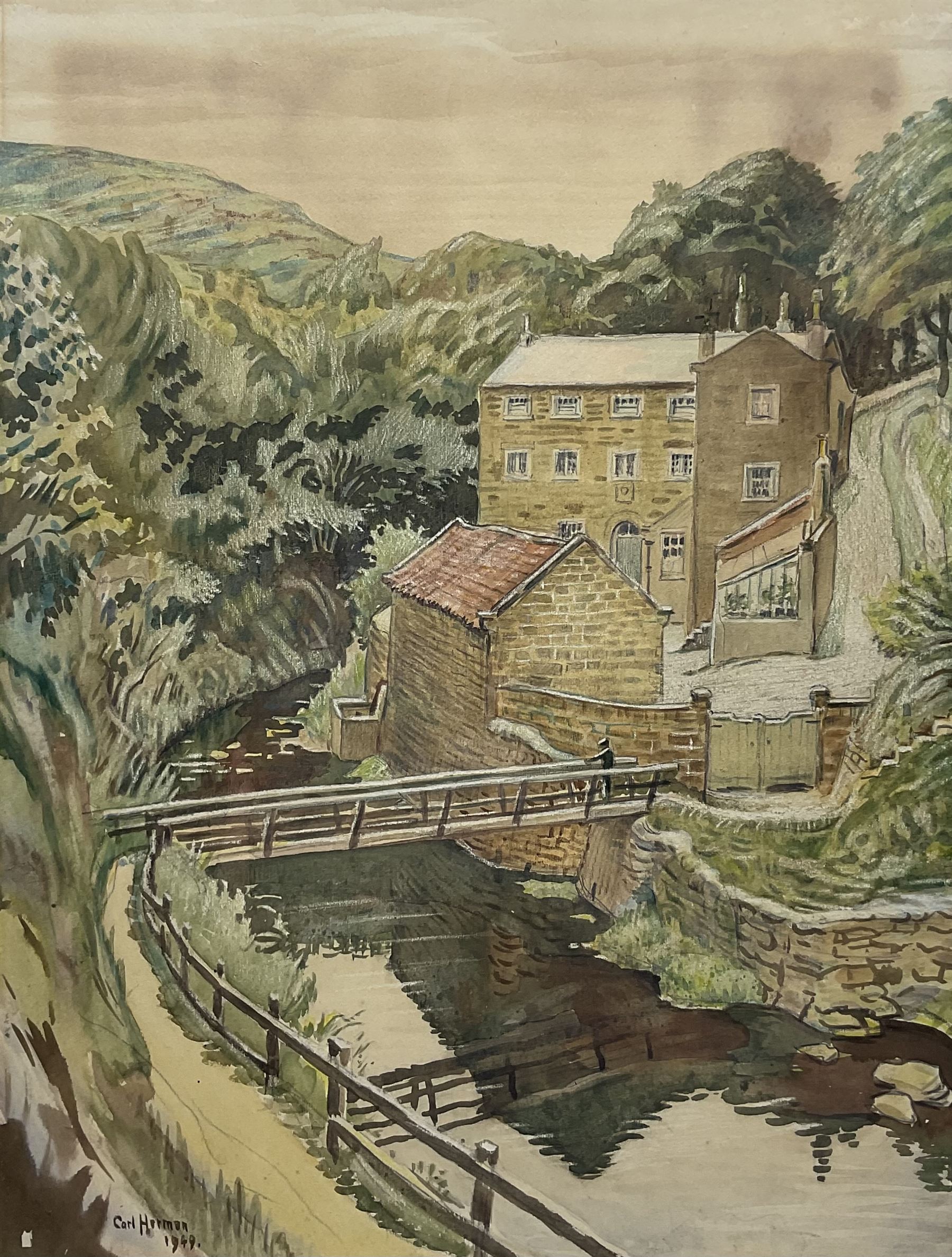 Carl Herman (Scarborough 1887-1955): Boggle Hole near Robin Hood's Bay, watercolour and pencil signed and dated 1949, 49cm x 37cm