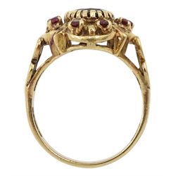 9ct gold garnet openwork ring, with heart design shoulders, hallmarked