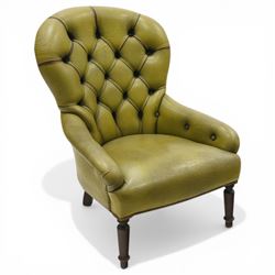 Victorian design tub armchair upholstered in buttoned green leather, on turned front supports