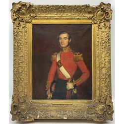 English School (Mid 19th century): Portrait of Major General Richard George Connelly, three-quarter in length in uniform, oil on canvas unsigned, titled on plaque, formerly inscribed 'painted at Chatham February 1844' verso 43cm x 35cm 
Provenance: from the collection at Athelhampton House, Dorset