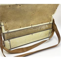 Italian Lambardi piano accordion in ivory coloured pearline case with jewelled decoration, twenty keys and one-hundred and twenty buttons L 37cm