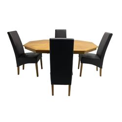 Oak octagonal extending dining table with additional leaf, octagonal pedestal base with fluting (150cm x 105cm x 76cm), and set four high back dining chairs upholstered in chocolate brown faux leather on square tapering supports (47cm x 54cm x 102cm)