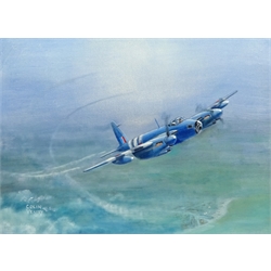  Colin Verity RSMA (British 1924-2011): 'De Havilland Mosquito Mk.34' aeroplane in flight, oil on board signed, titled and inscribed verso 42cm x 58cm  DDS - Artist's resale rights may apply to this lot  