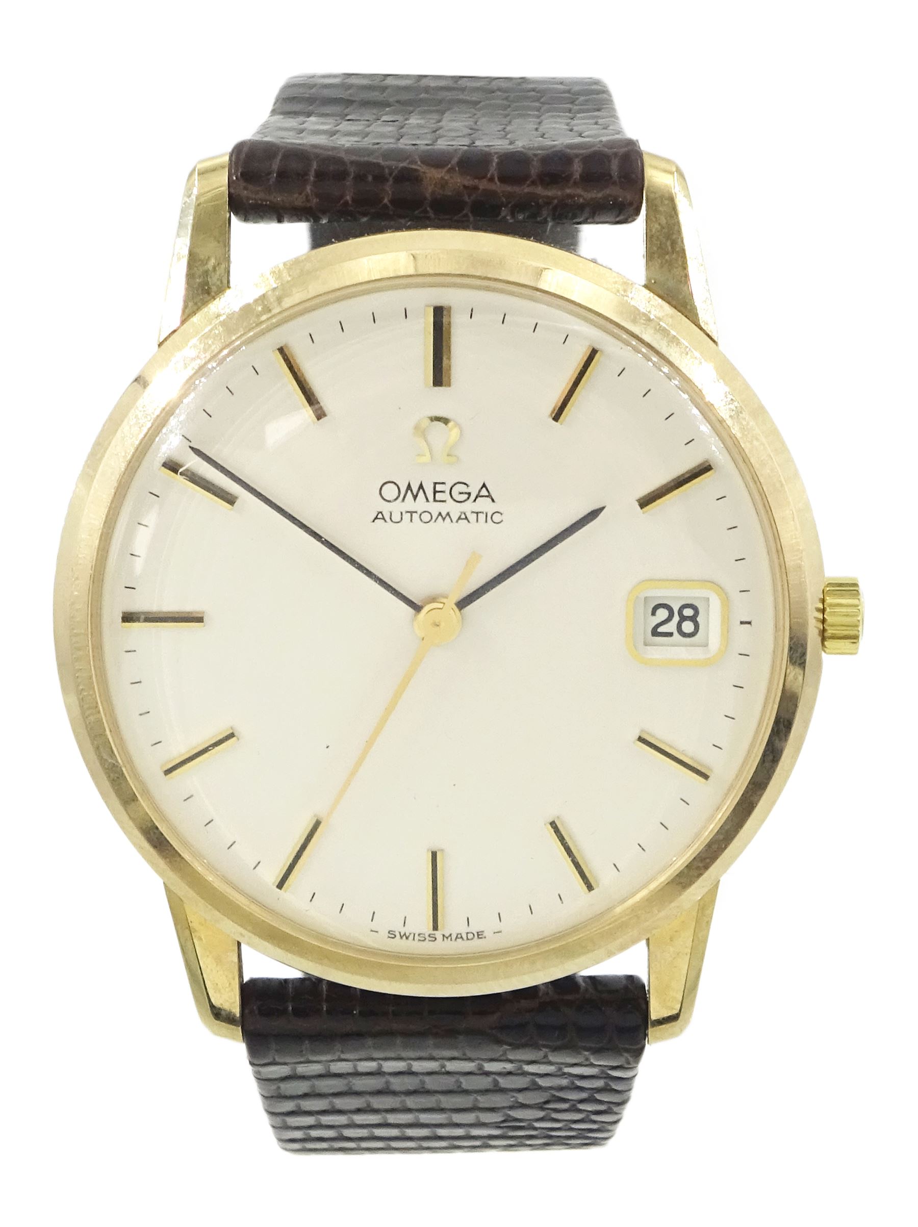 Omega gentleman's 9ct gold automatic wristwatch, silvered dial with baton hour markers and date aperture, on Omega brown leather strap, with Omega gold-plated buckle, boxed