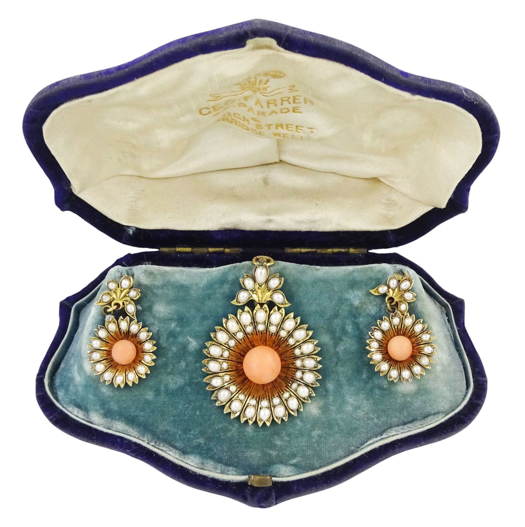 Victorian gold coral and split pearl flower head pendant, with pair of matching stud earrings, in fitted velvet and silk lined box by George Farrer, Tunbridge Wells